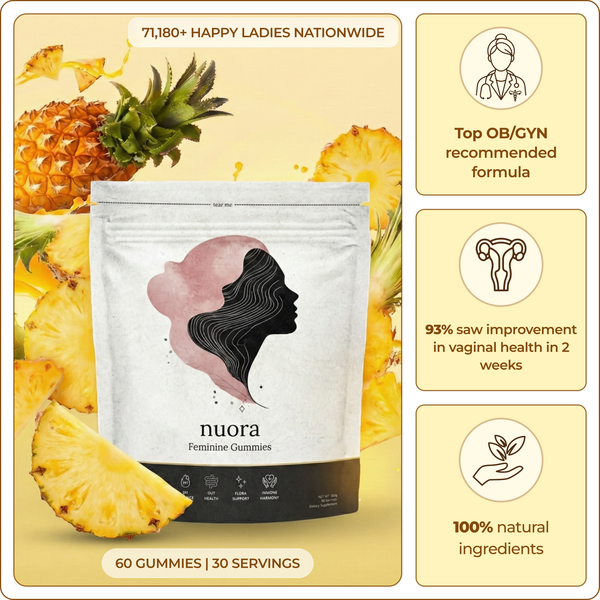 Nuora Feminine Balance pineapple gummies, 60 gummies per pack