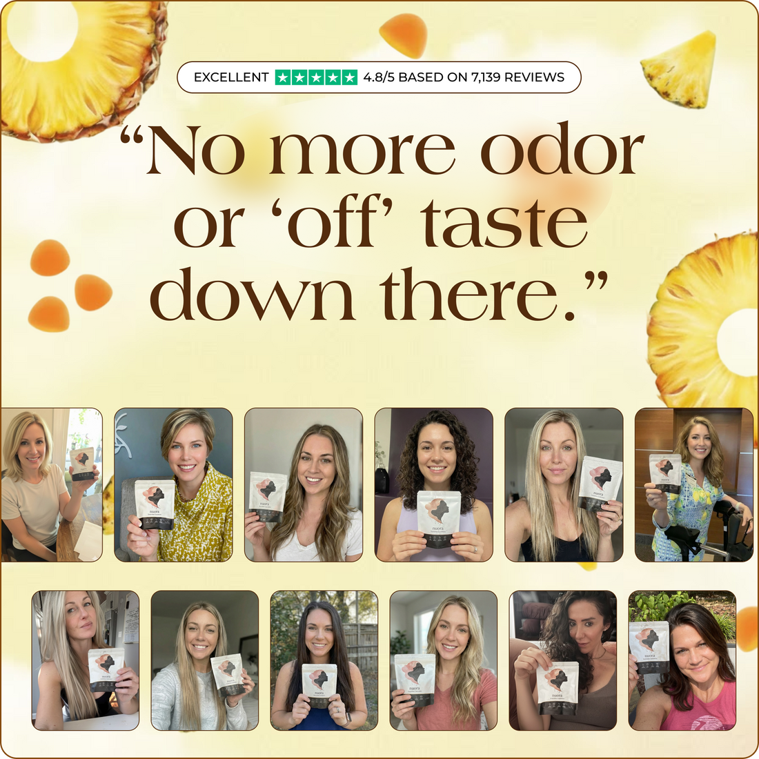Customer quote with a grid of customer photos holding the pouch
